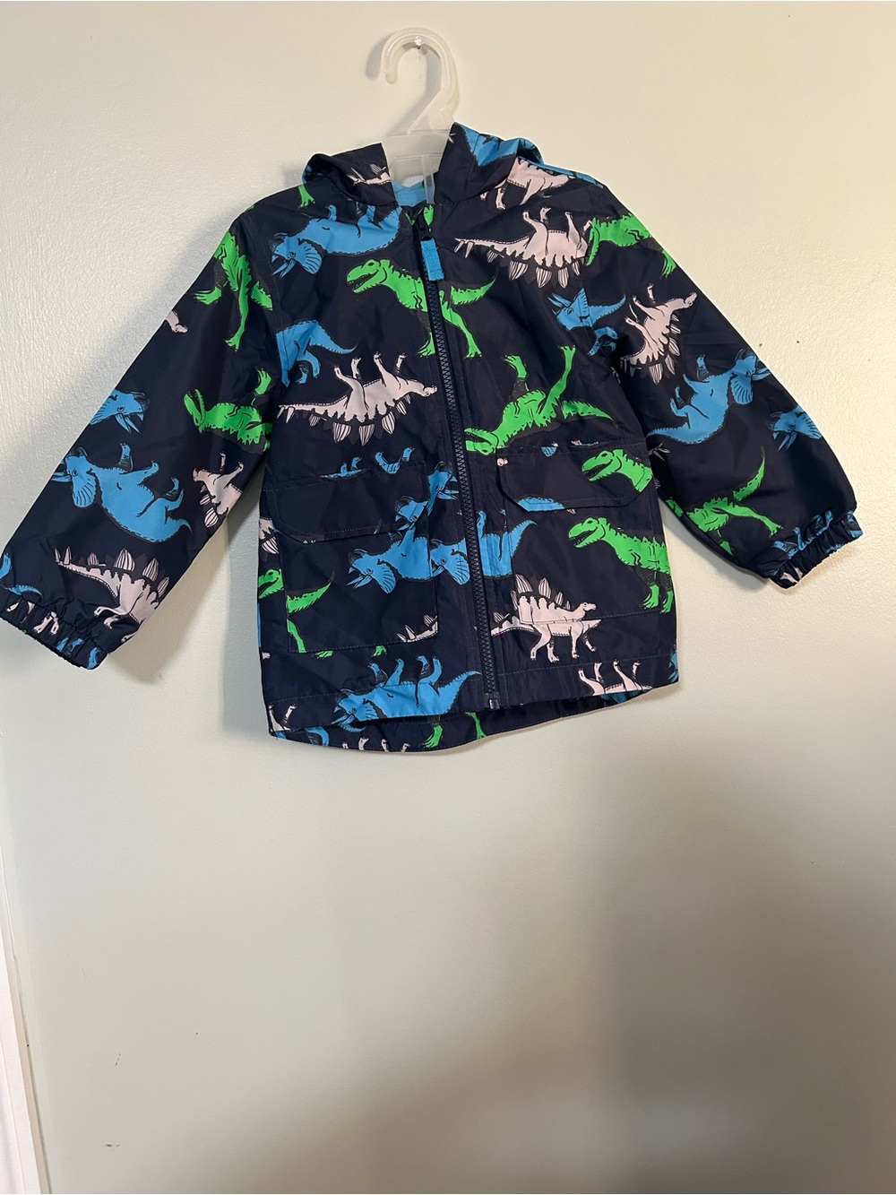 Carter's Navy Hooded Rain Jacket with Blue, Green & Gray Dinosaurs SZ 3T